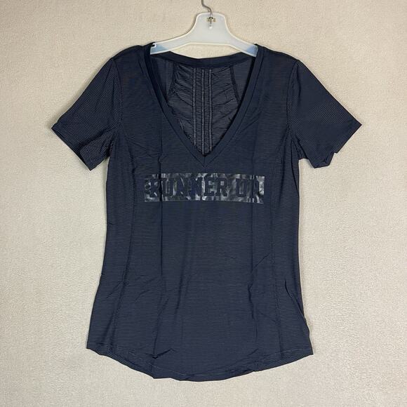 Lululemon T Shirt‎ Womens XS Black Striped V Neck Short Sleeve Runner Up Print - Picture 1 of 8